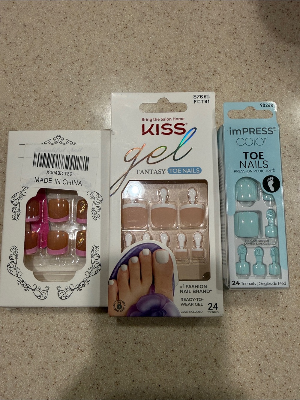 3 packs of press on toenails. Easy to apply!
